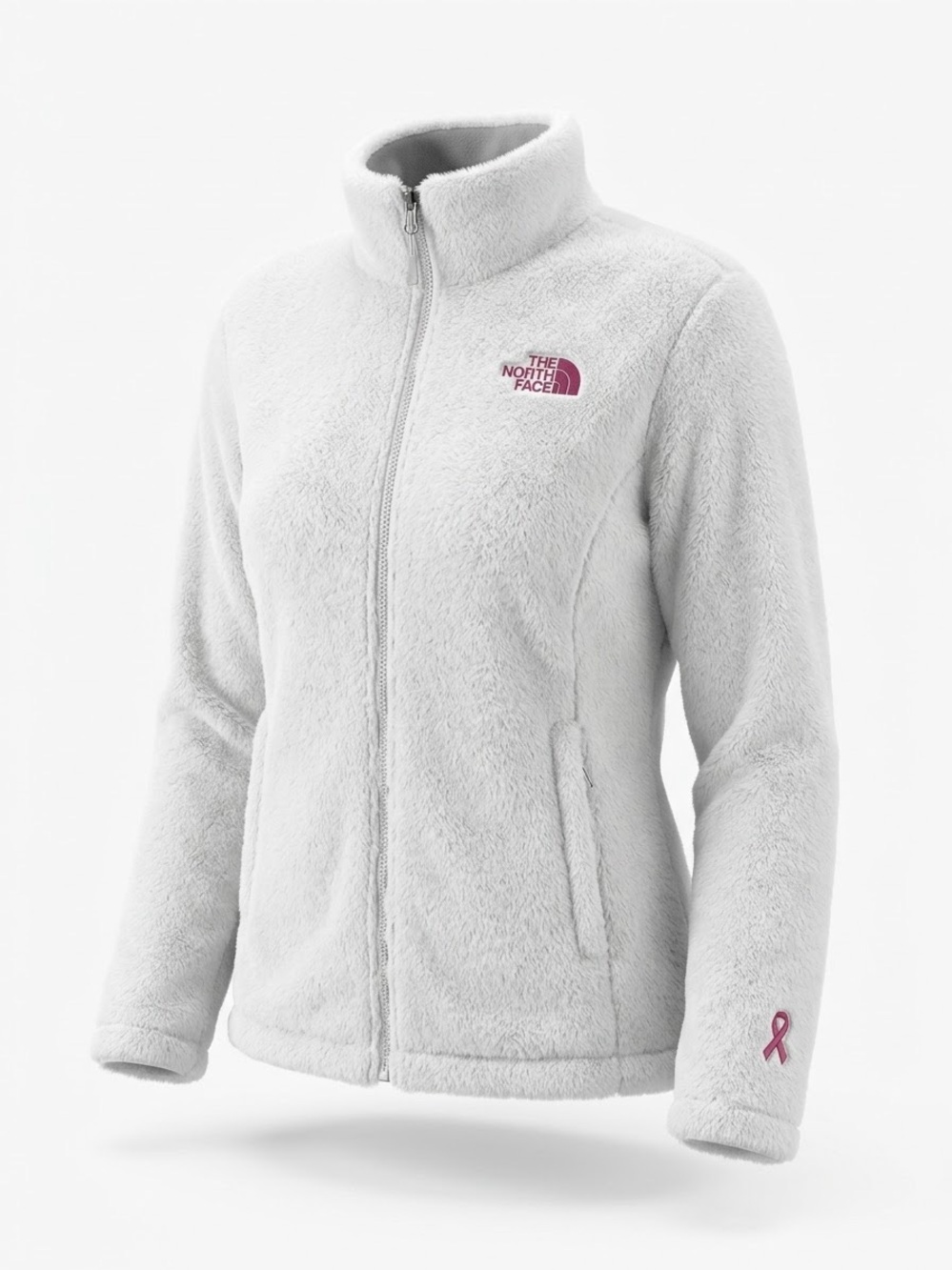 The North Face Women's white Fleece Jacket with pink ribbon and embroidered logo